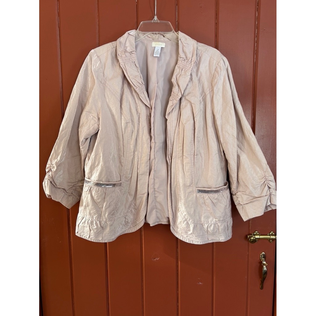 Chicos Champagne Metallic Shimmer Open Front Jacket Studded Pocket Size 2 Large